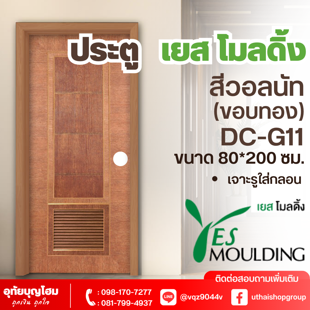ประตู เยส โมลดิ้ง (Yes Moulding) สีวอลนัท ขอบทอง DC-G11 ขนาด 80*200 ซม. *เจาะรูใส่กลอนแล้ว