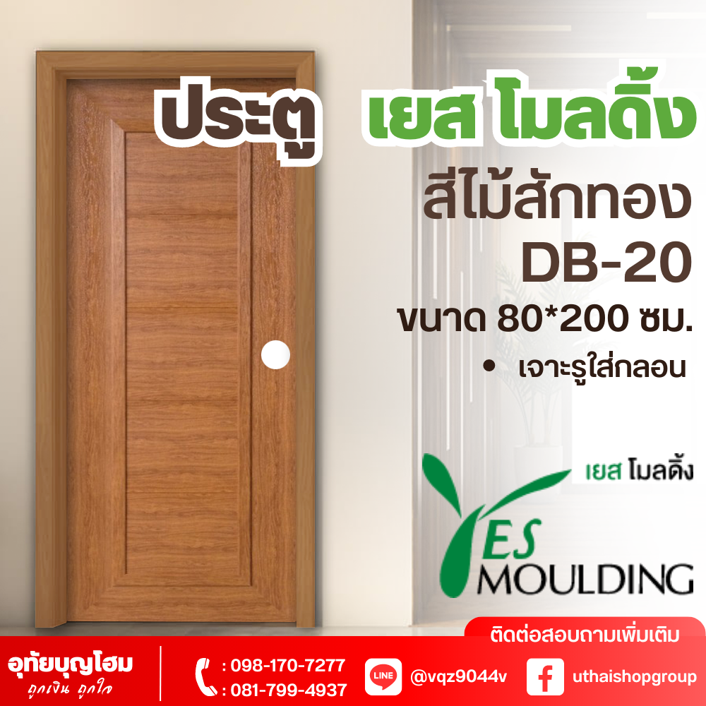 ประตู เยส โมลดิ้ง (Yes Moulding) สีไม้สักทอง DB-20 ขนาด 80*200 ซม. *เจาะรูใส่กลอนแล้ว
